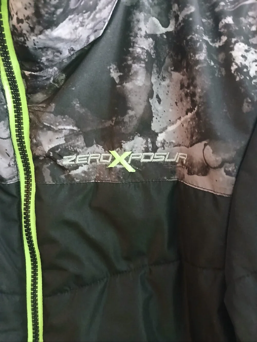 ZeroXposur Kids Black Puffer Jacket with Grey Camo Yoke and Neon Green Zipper